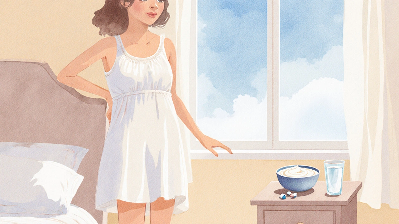 Žena v volném oblečení s jogurtem a probiotiky, symbolizující prevenci kvasinek.