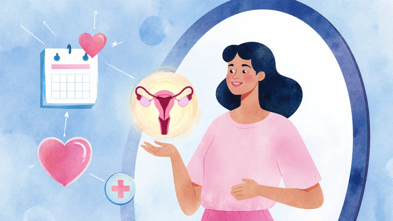 Žena v zrcadle vidí vnitřní zdravý reprodukční systém, symboly prevence kolem ní.