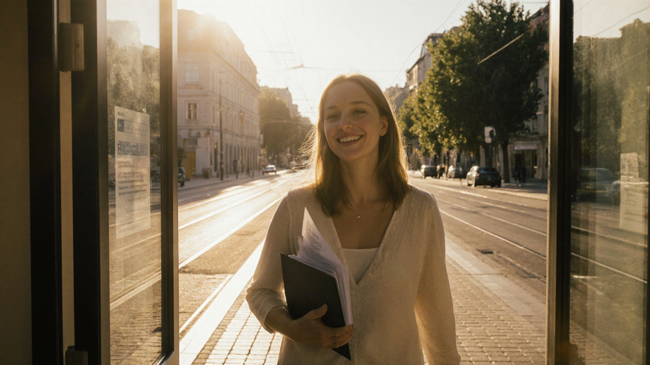 Žena vystupuje z kliniky s výsledky, uvolněná a spokojená po návštěvě.