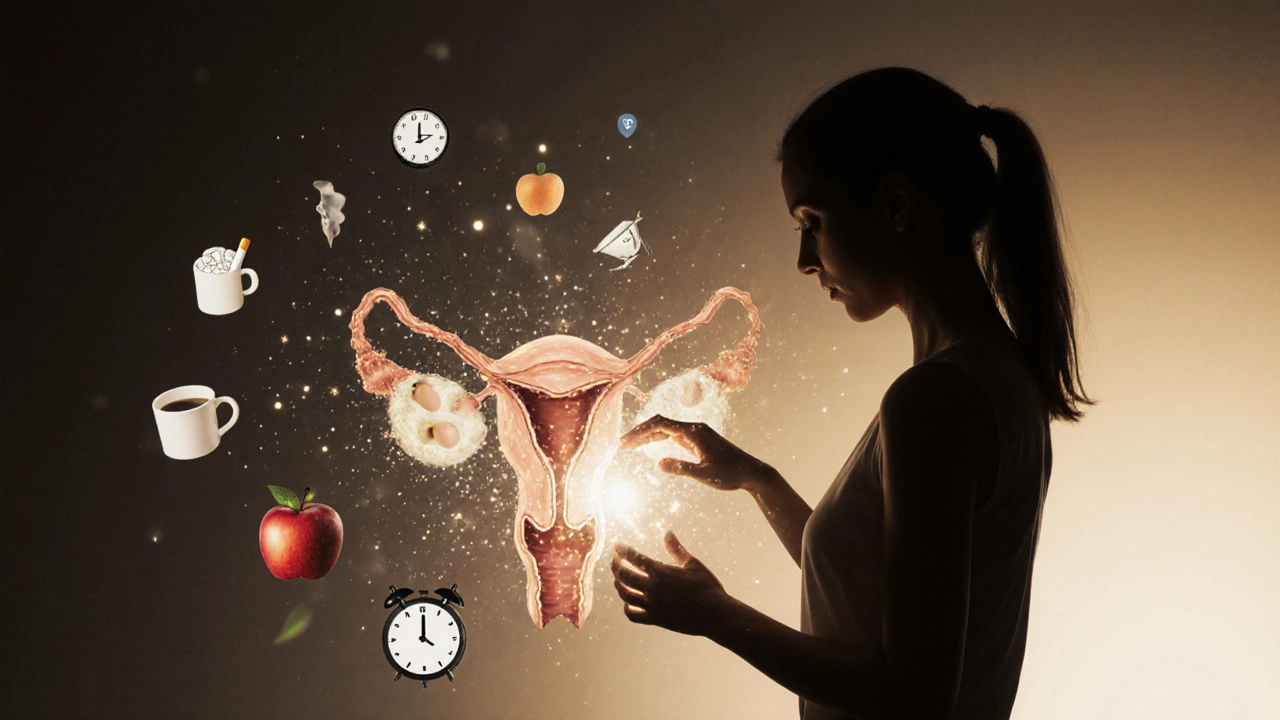 Ženský silueta s vajíčky v pánvi, kolem ní symboly stresu a zdraví, které se mění ve světlo.