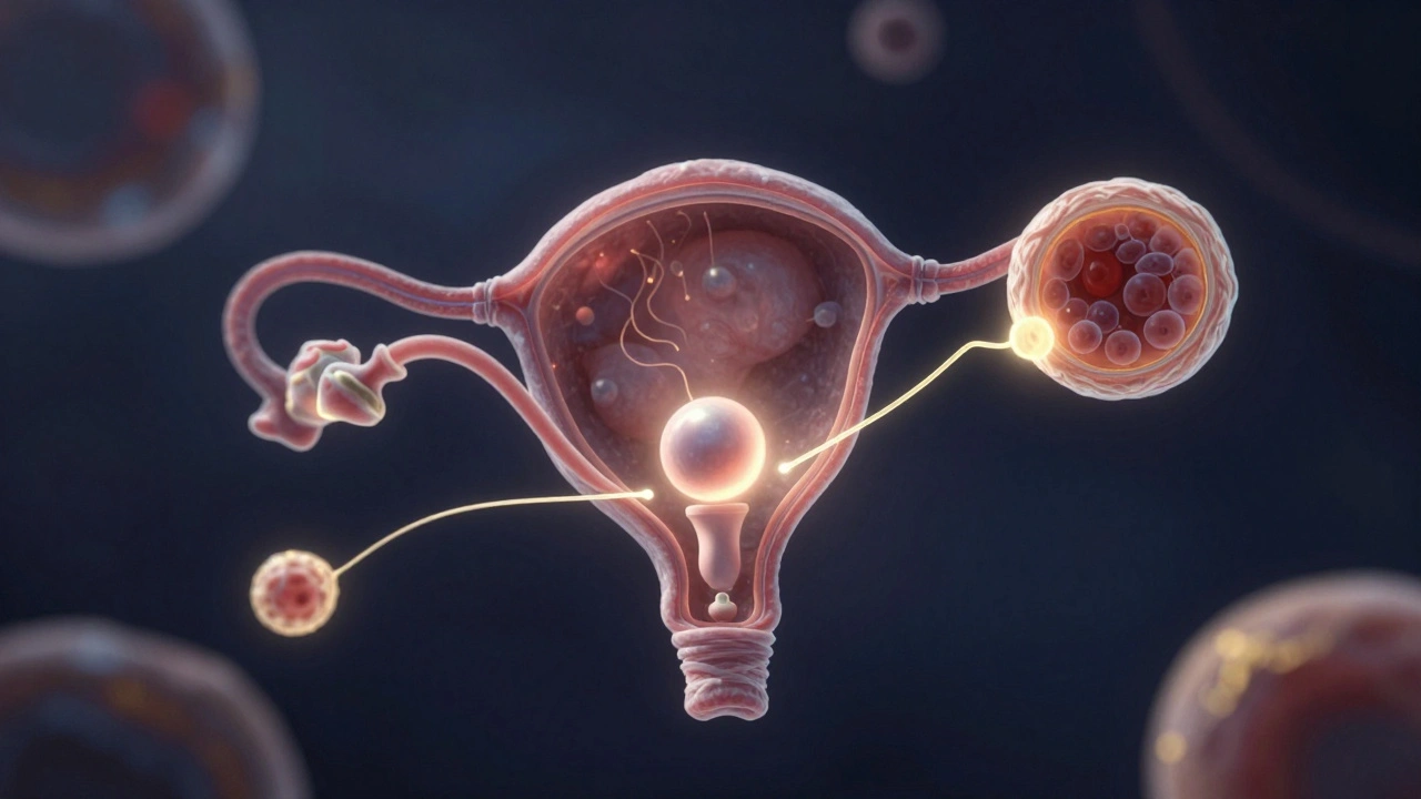 Abstraktní ilustrace raného těhotenství s gestačním výrůstkem a žloutkovým váčkem v mikroskopickém prostředí.