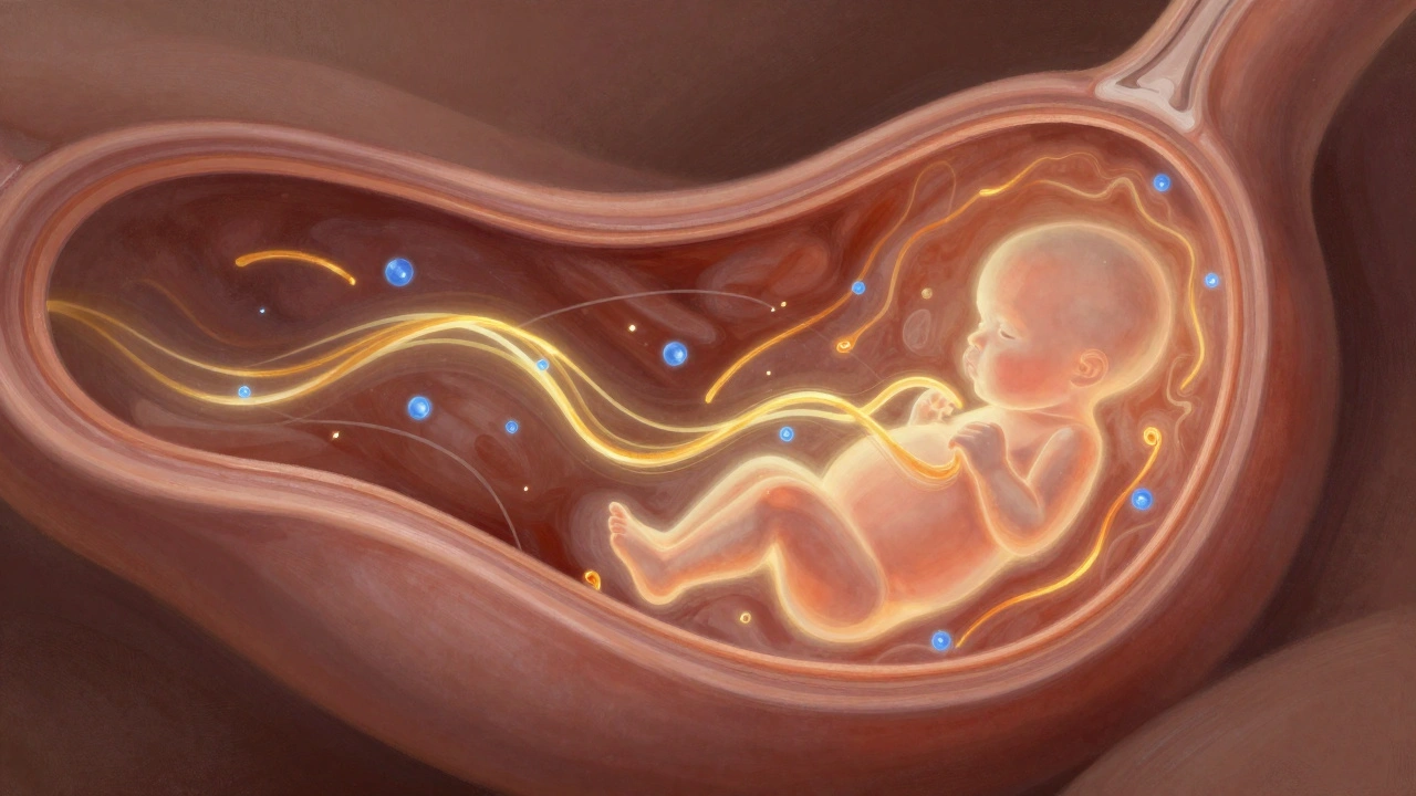 Abstraktní znázornění kontrakcí dělohy a pohybu dítěte s hormonálními vlnami.