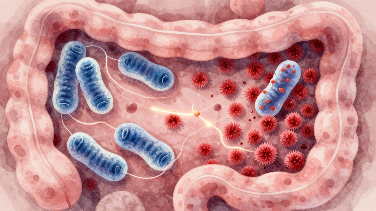 Abstraktní znázornění střevní mikroflóry, kde prospěšné bakterie blokují kvasinky.