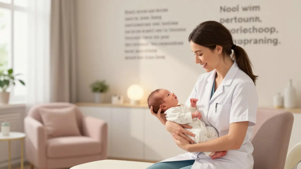 Gynekoložka drží novorozence, matka se usmívá v klidném porodním centru.