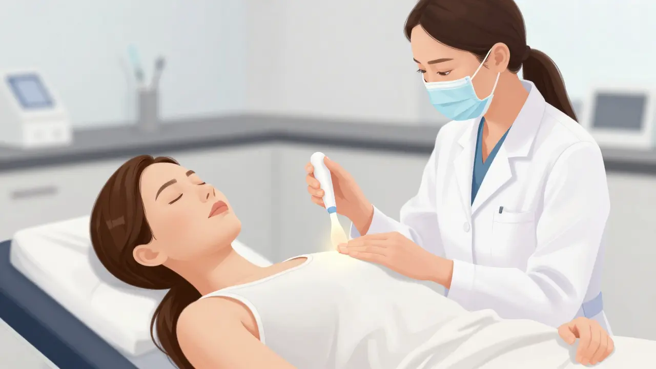 Gynekoložka provádí jemné vyšetření s důvěrou