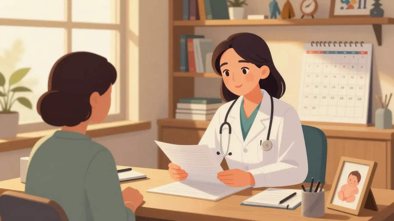 Gynekoložka v malé soukromé ordinaci poslouchá pacientku v klidné, osvěžené místnosti.