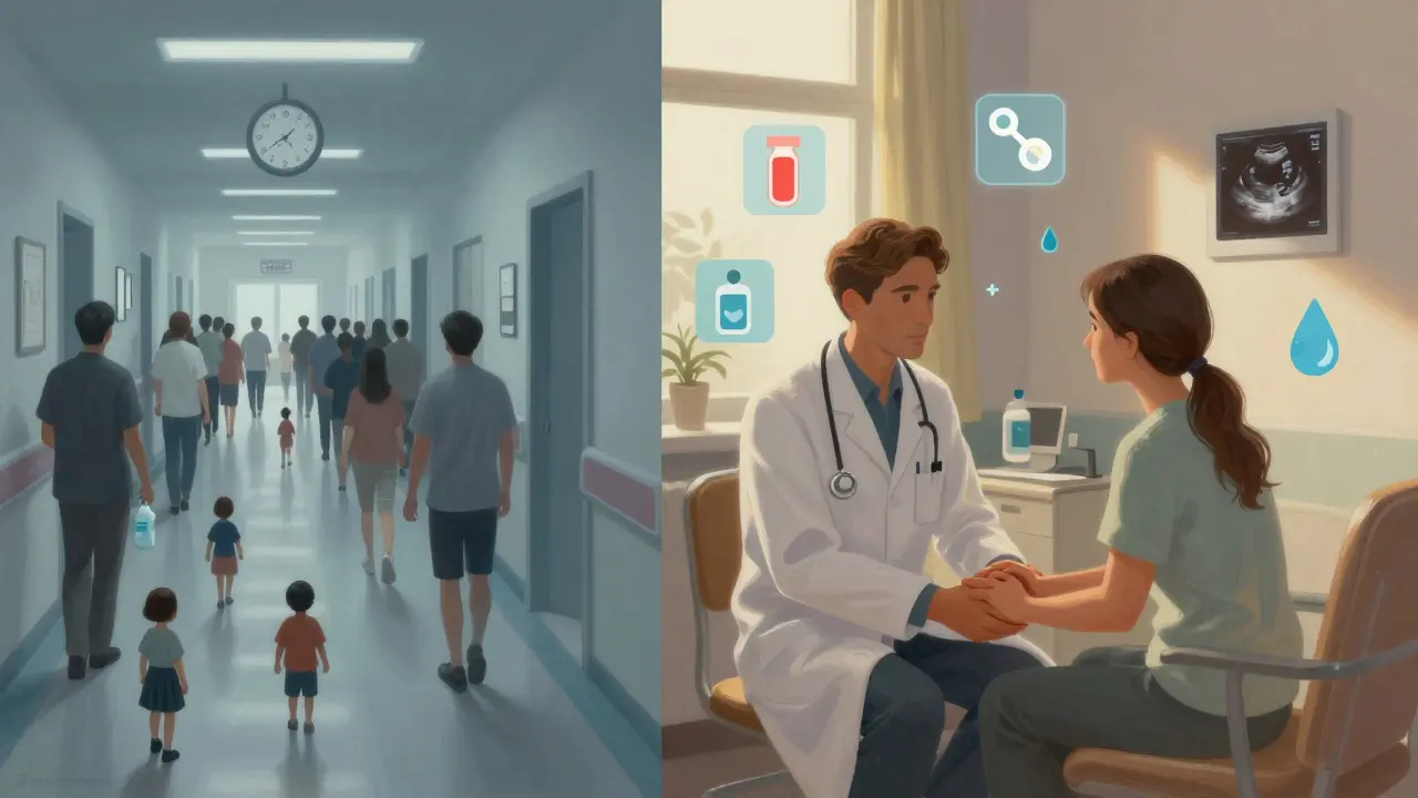 Kontrast mezi přeplněným veřejným zdravotnictvím a osobní péčí v soukromé praxi.