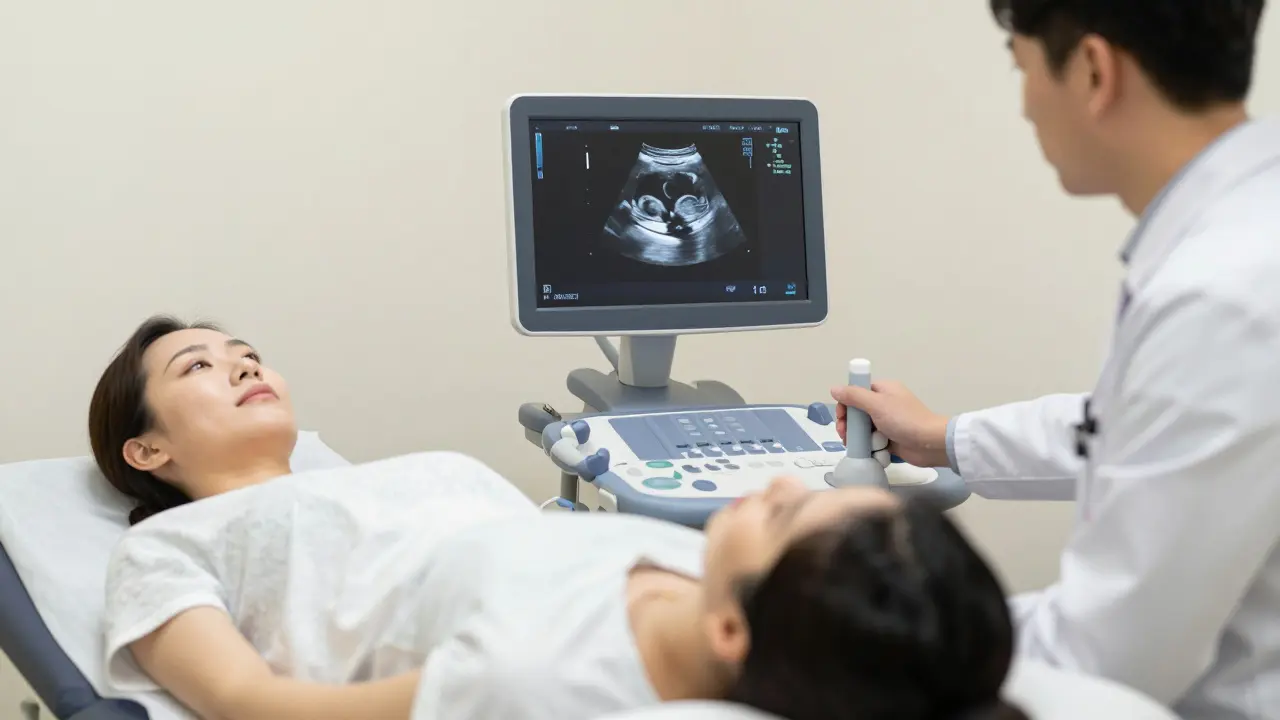 Lékař ukazuje ženě ultrazvukový obraz vaječníků v klinickém prostředí.