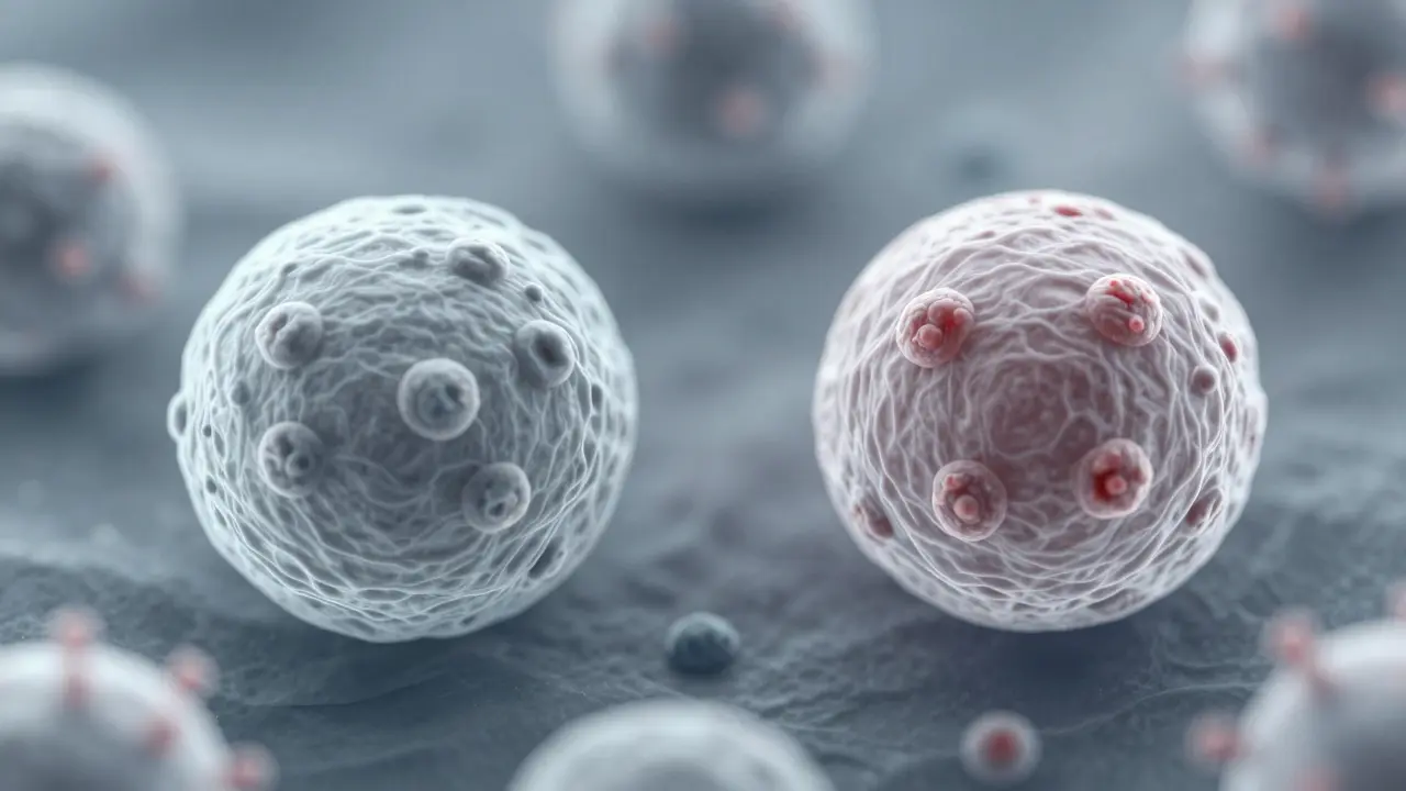 Mikroskopický pohled na zdravé a mírně abnormální buňky děložního hrdla.