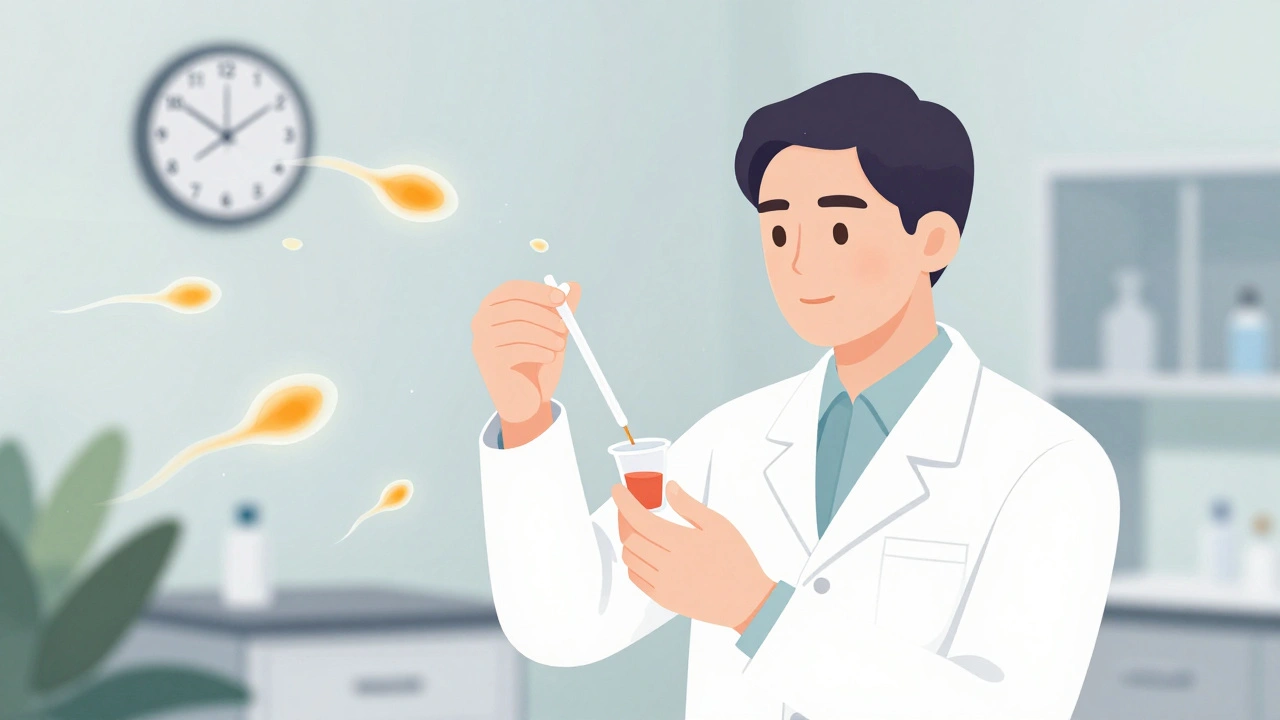 Muž v laboratoři předává vzorek spermy v klidném, osvětleném prostředí.