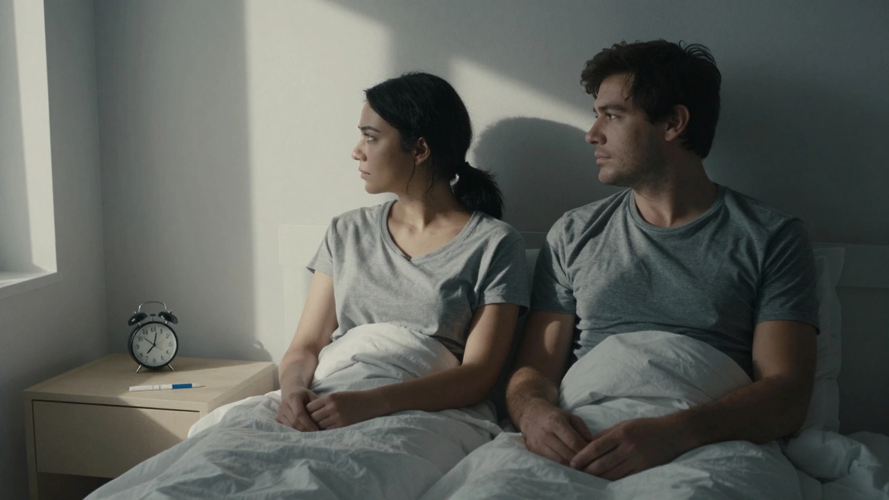 Pár sedí vedle sebe na posteli v tichém útlumu, mezi nimi neviditelná mezera.