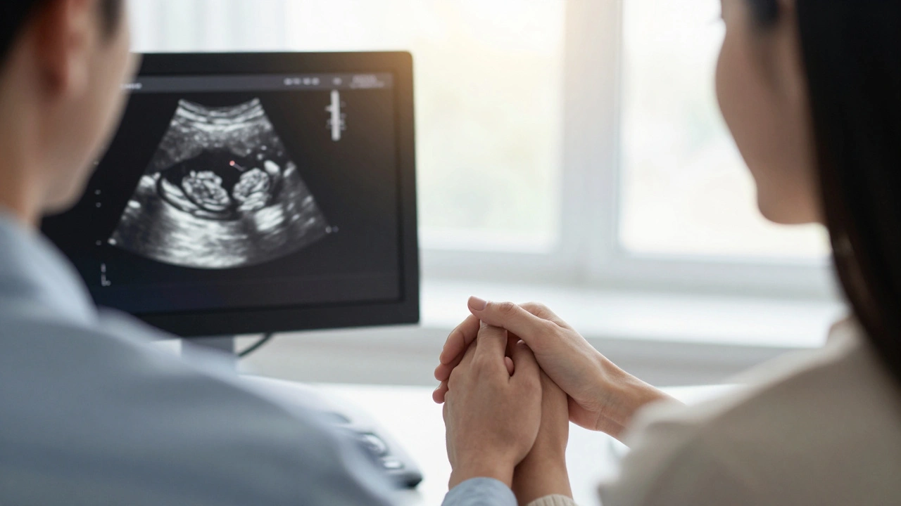 Pár sleduje ultrazvuk plodu s slyšitelným tepem srdce.