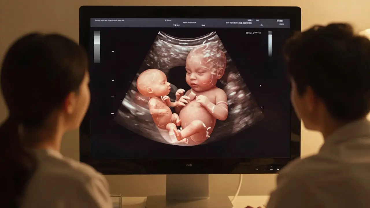 Plod ve 8. týdnu s viditelnými končetinami a srdcem na ultrazvukovém obrazu.