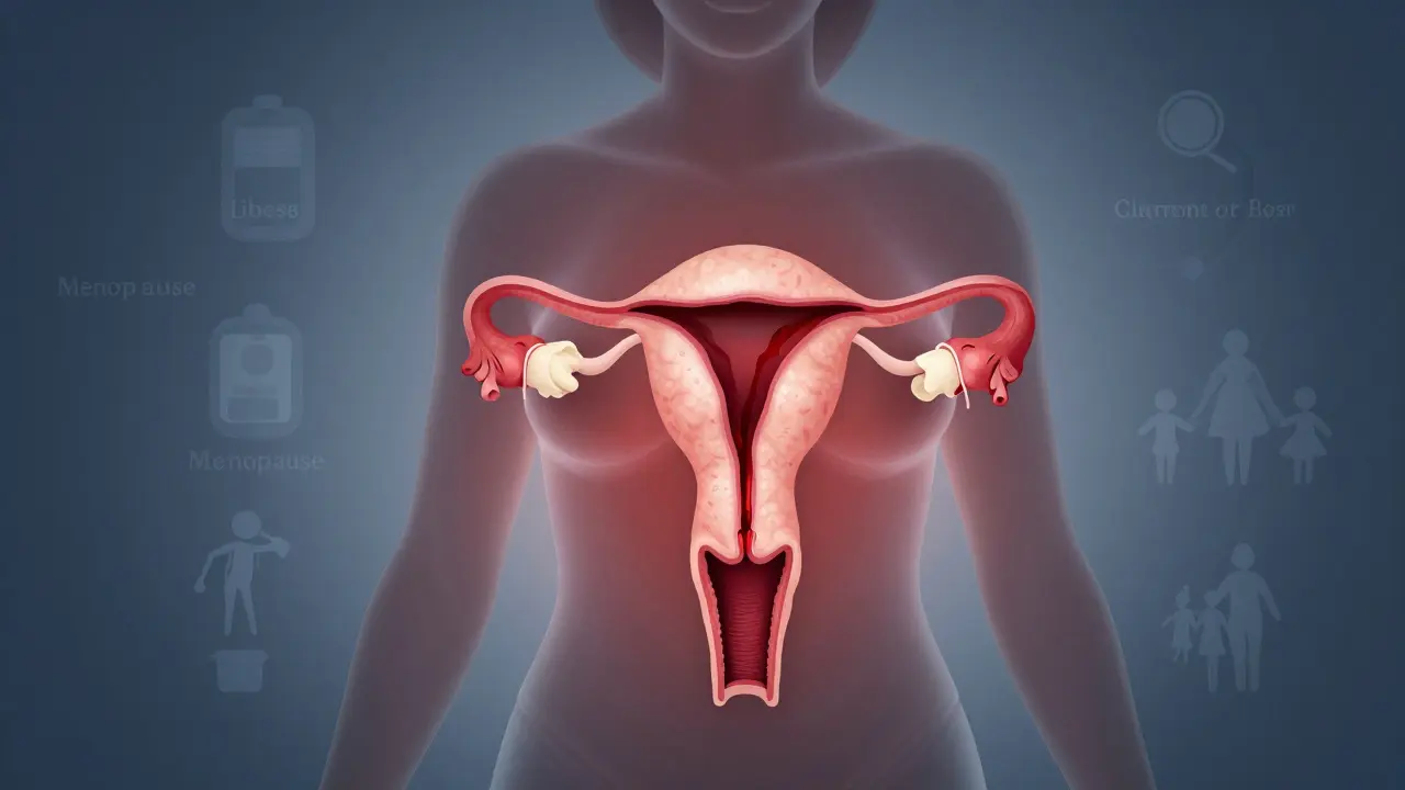 Průhledná silueta ženy s krvácením z dělohy a ikonami rizikových faktorů v pozadí.