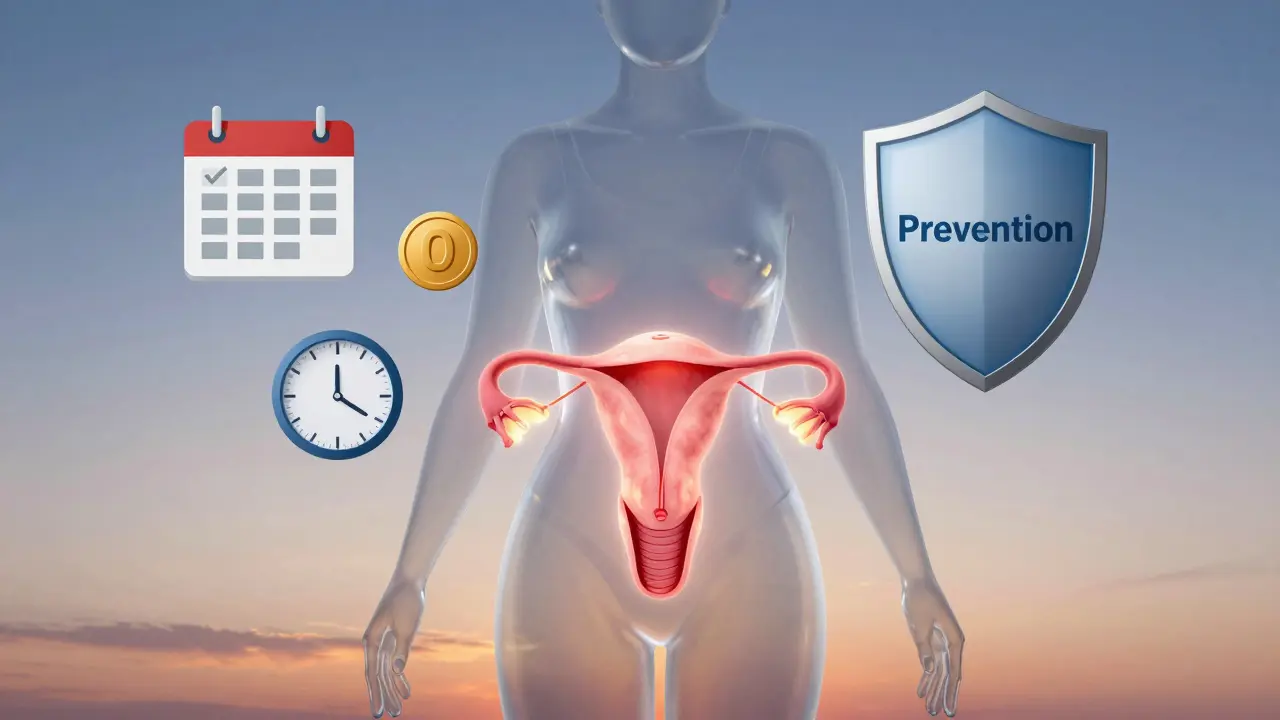 Průhledná silueta ženy s vnitřním zdravým děložním čípkem a symboly prevence kolem ní.