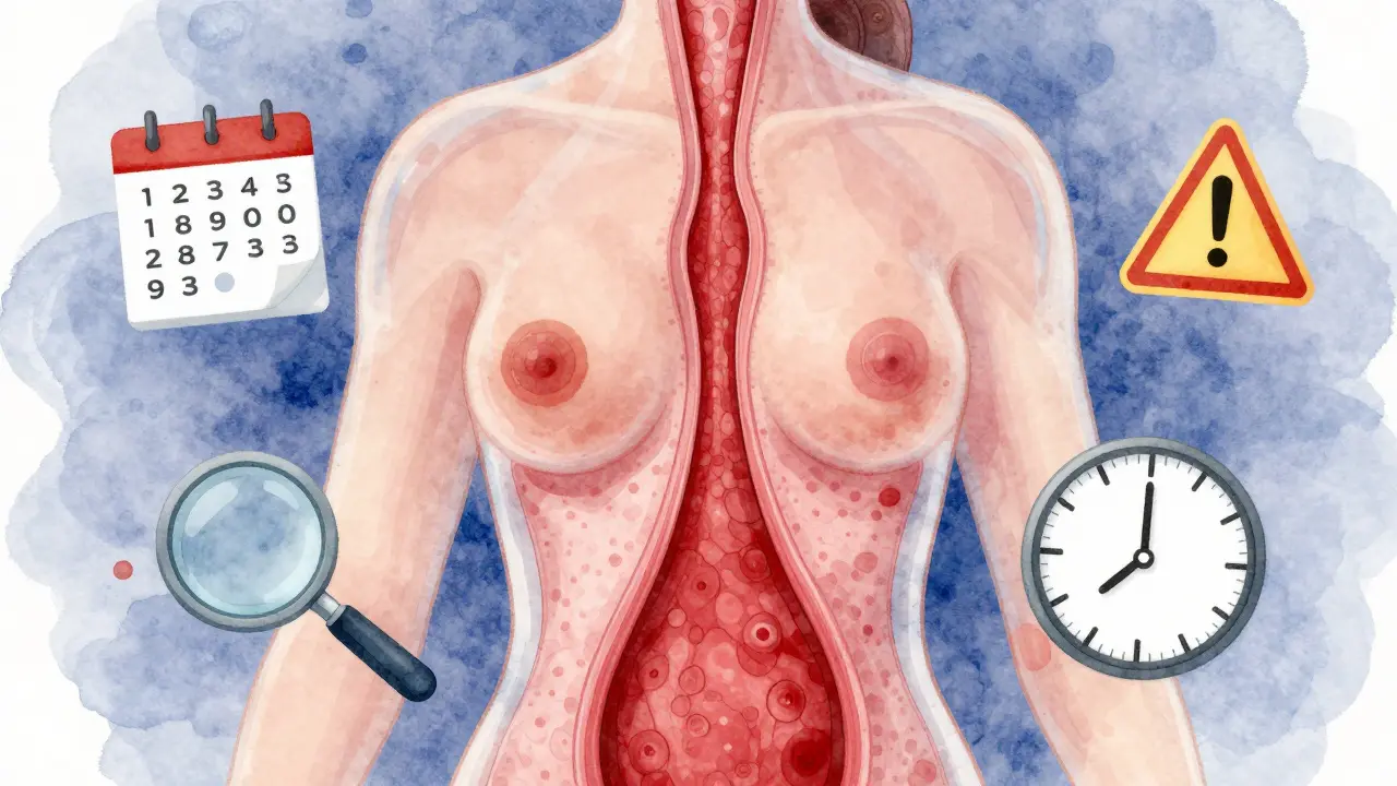 Průhledný ženský tělo s zvětšeným endometriem v červené barvě a symboly varování.