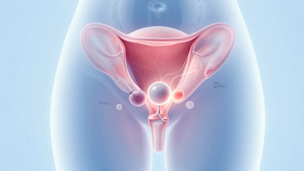 Průřez těla ukazující přichycení vajíčka ke stěně dělohy.