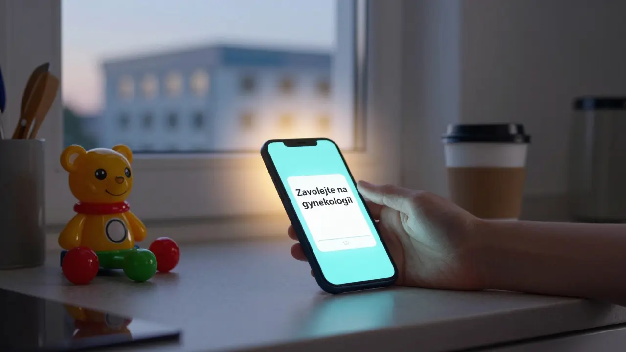 Ruka drží telefon s oznámením o zápisu na gynekologa, za nímž je vidět klinika.