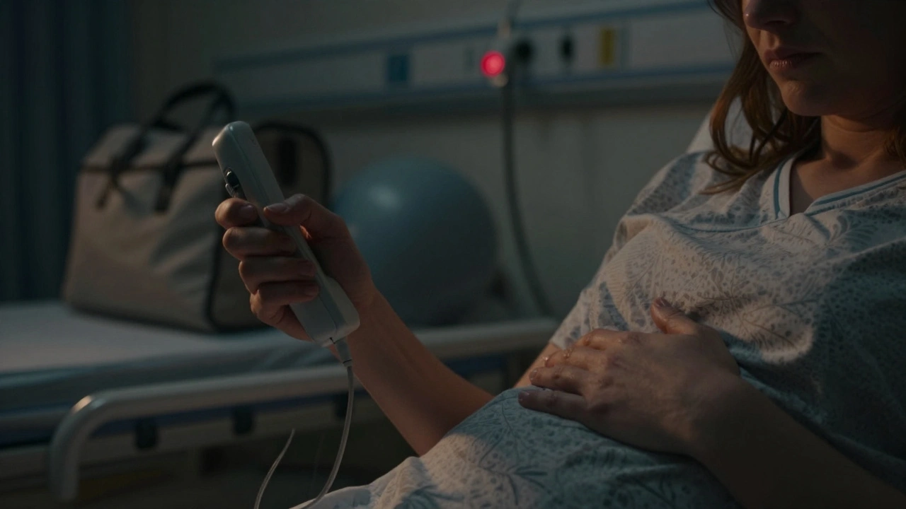 Ruka těhotné ženy tiskne tlačítko v nemnici, druhá ruka chrání břicho.