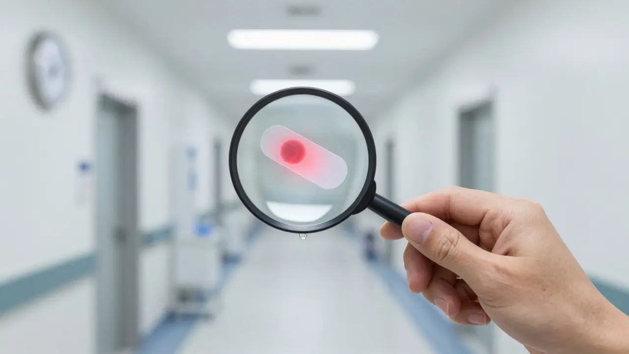 Rukou držená biopsie s viditelnými nádorovými buňkami pod zvětšovacím sklem.