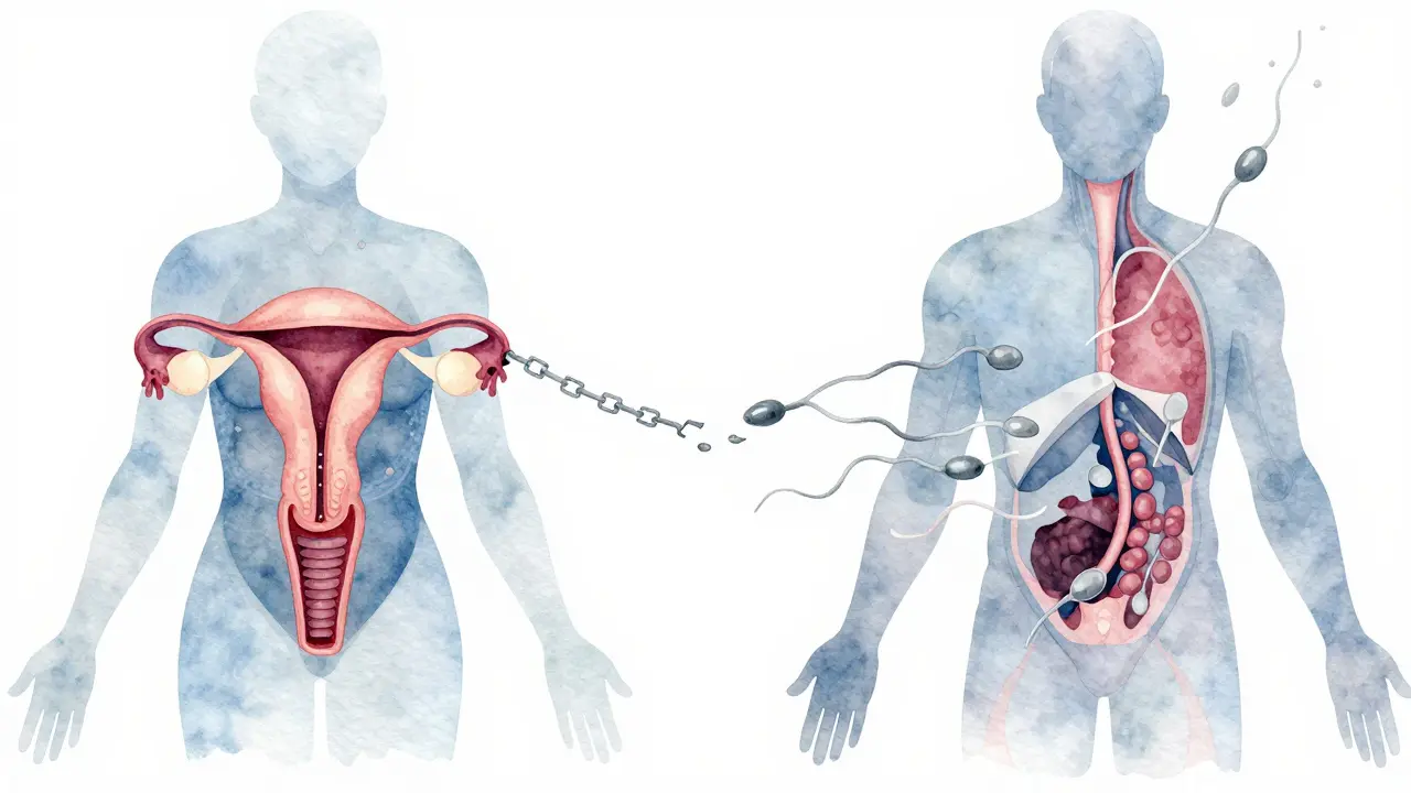Schematic illustration of female and male reproductive systems with blocked tubes and weak sperm.