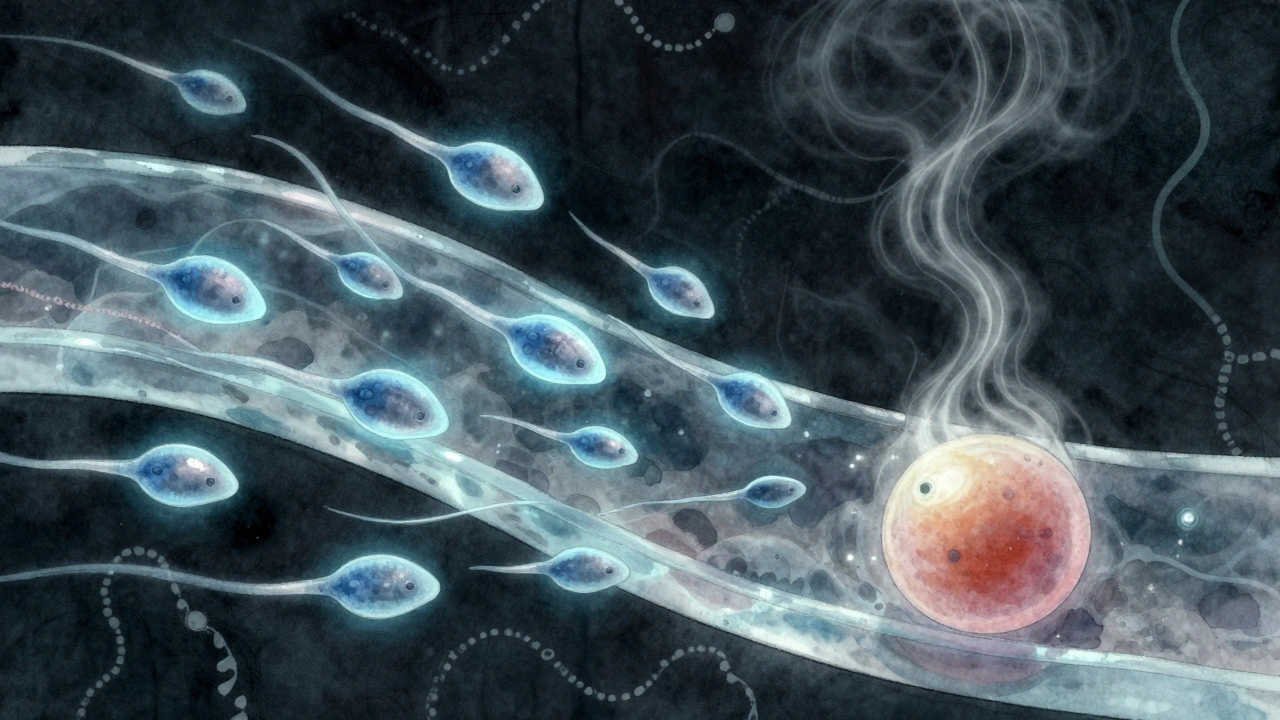 Spermie plavou směrem k vajíčku v ženském těle, symbolicky zobrazené jako světelné tvary.