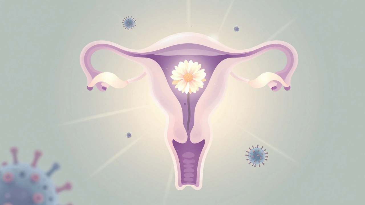 Symbolický obraz květiny v děloze s rozptylujícími se virovými částicemi, značící prevenci rakoviny děložního čípku.