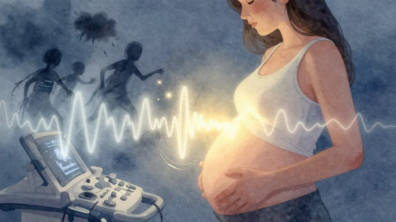 Těhotná žena na ultrazvuku, abstraktní stíny úzkosti se mění v klidnou modrou mlhu kolem ní.