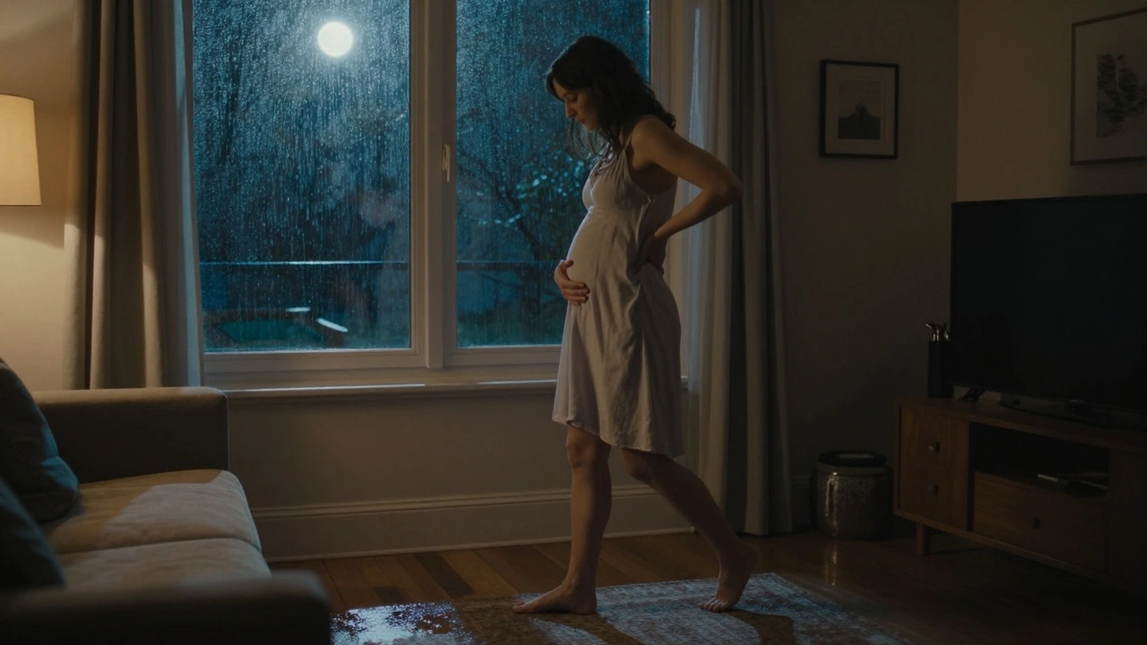 Těhotná žena pomalu chodí po pokoji v noční košili, u nohou má vlhkou skvrnu.
