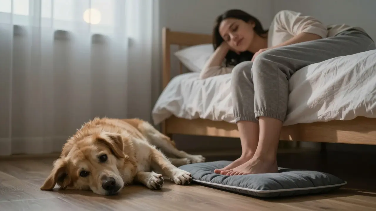 Těhotná žena se probouzí v noci a pes klidně leží na podlaze vedle postele, sleduje ji.
