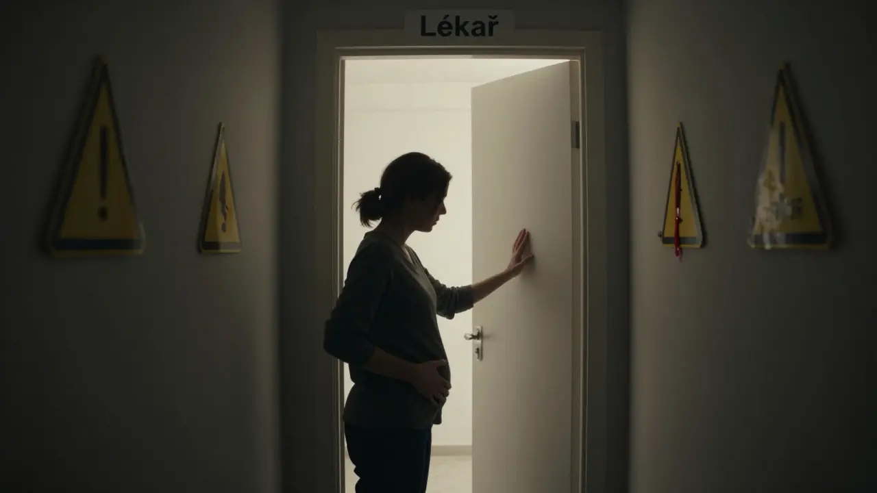 Těhotná žena stojí u dveří k lékaři, ruka na břiše.
