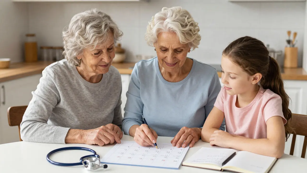Three generations of women discussing health checkups at a kitchen table.
