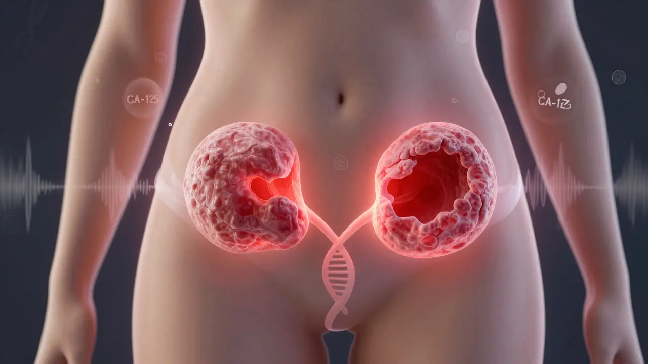 Translucent abdominal view showing abnormal ovaries with diagnostic symbols nearby.