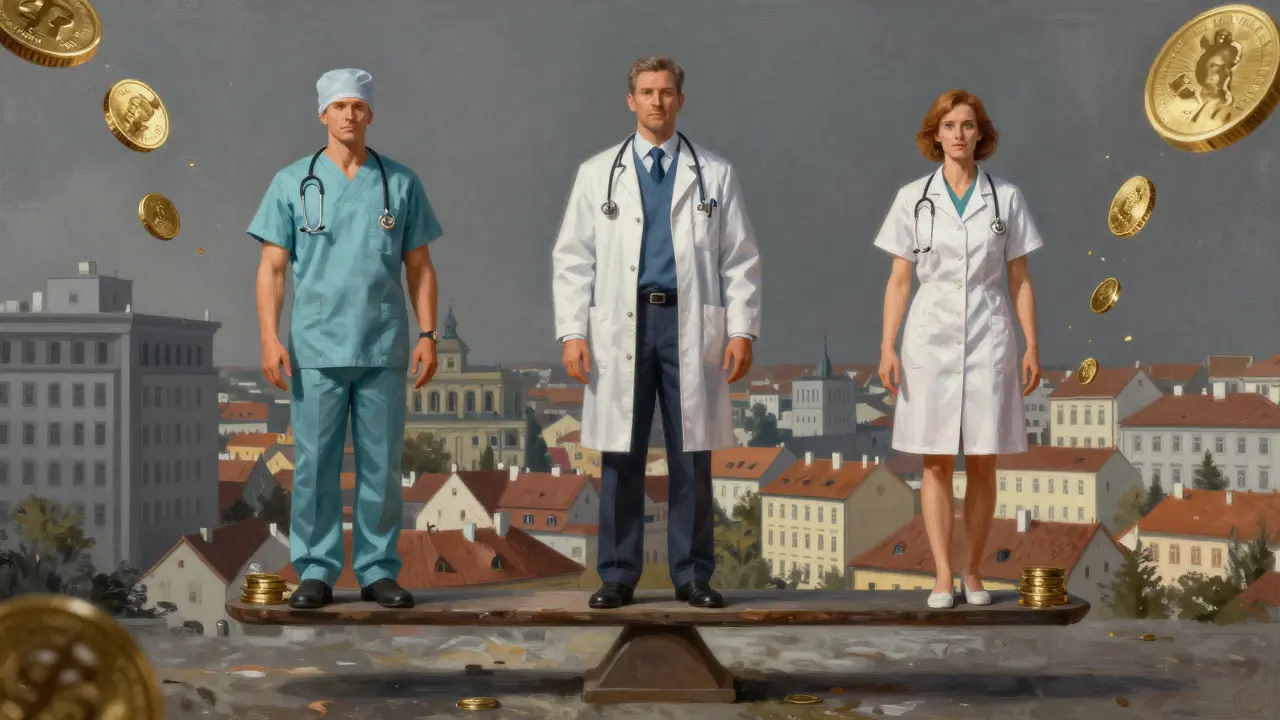 Tři lékaři na váze: soukromá praxe vs. nemocnice, symbolizující rozdíl v příjmech.