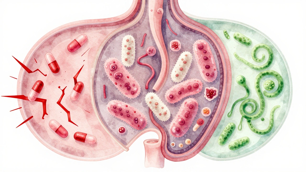 Umělecká reprezentace rovnováhy mikroflóry v těle s kvasinkami a probiotiky.