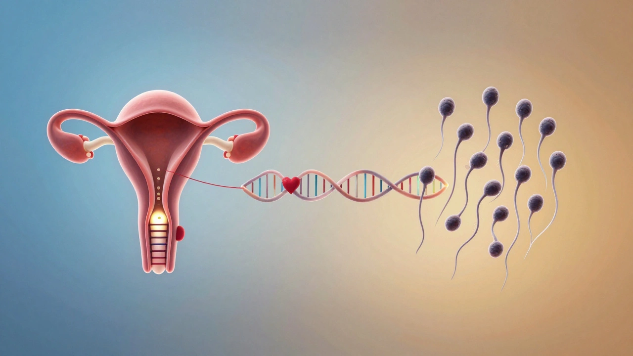 Váha s vaječníkem a spermie spojenými srdci a DNA, symbolizující rovnováhu plodnosti.