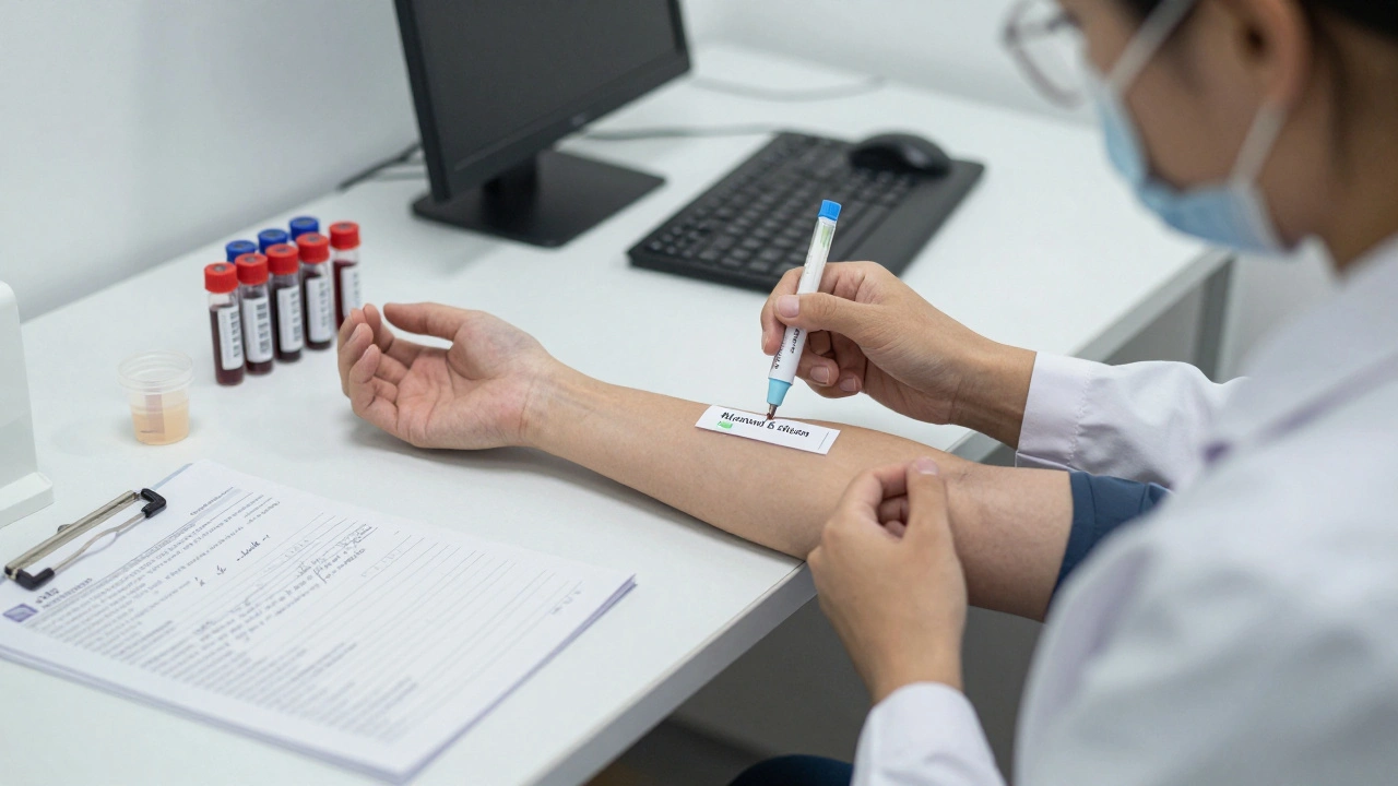 Vzorek krve a moče pro těhotenské vyšetření na lékařském stole.