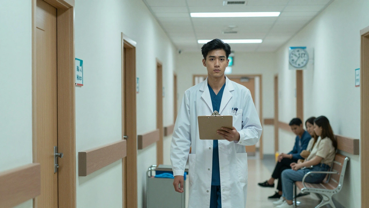 Začínající psychiatr prochází koridorem ve veřejné nemocnici s klinickými značkami a čekající rodinou.