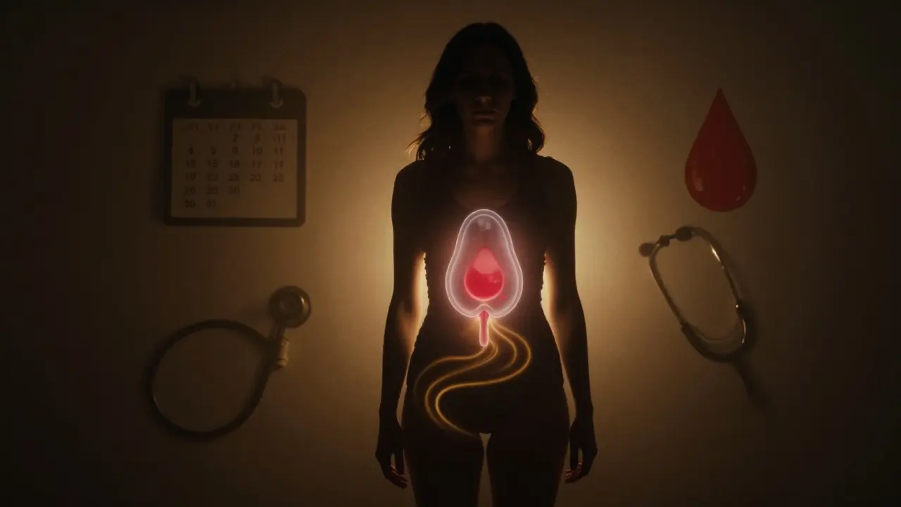 Žena je osvětlena září, která ukazuje varovný signál na vaječníku, symbolizující včasnou diagnózu.