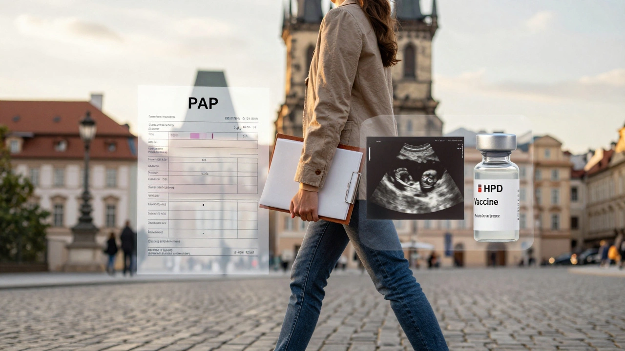 Žena kráčí po pražských ulicích s lékařskou kartou, kolem ní průhledné symboly preventivních vyšetření.