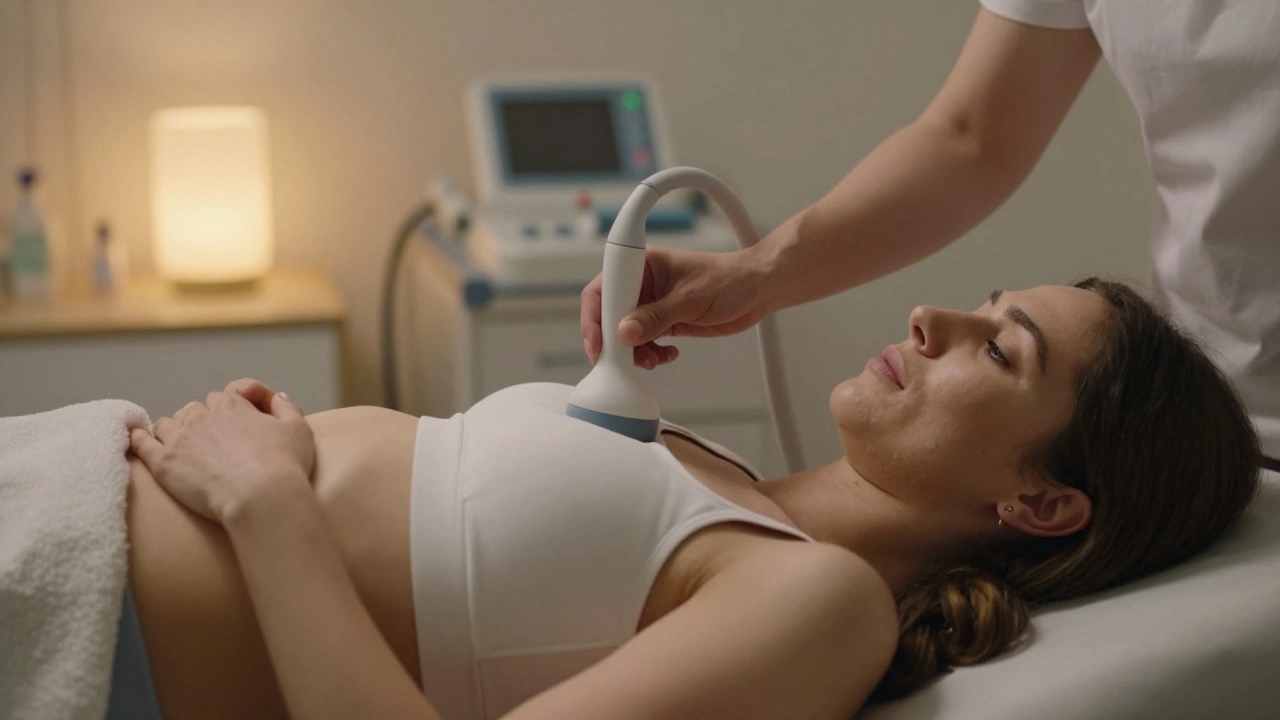 Žena na gynekologickém vyšetření v Brně, technik připravuje transvaginální ultrazvuk.