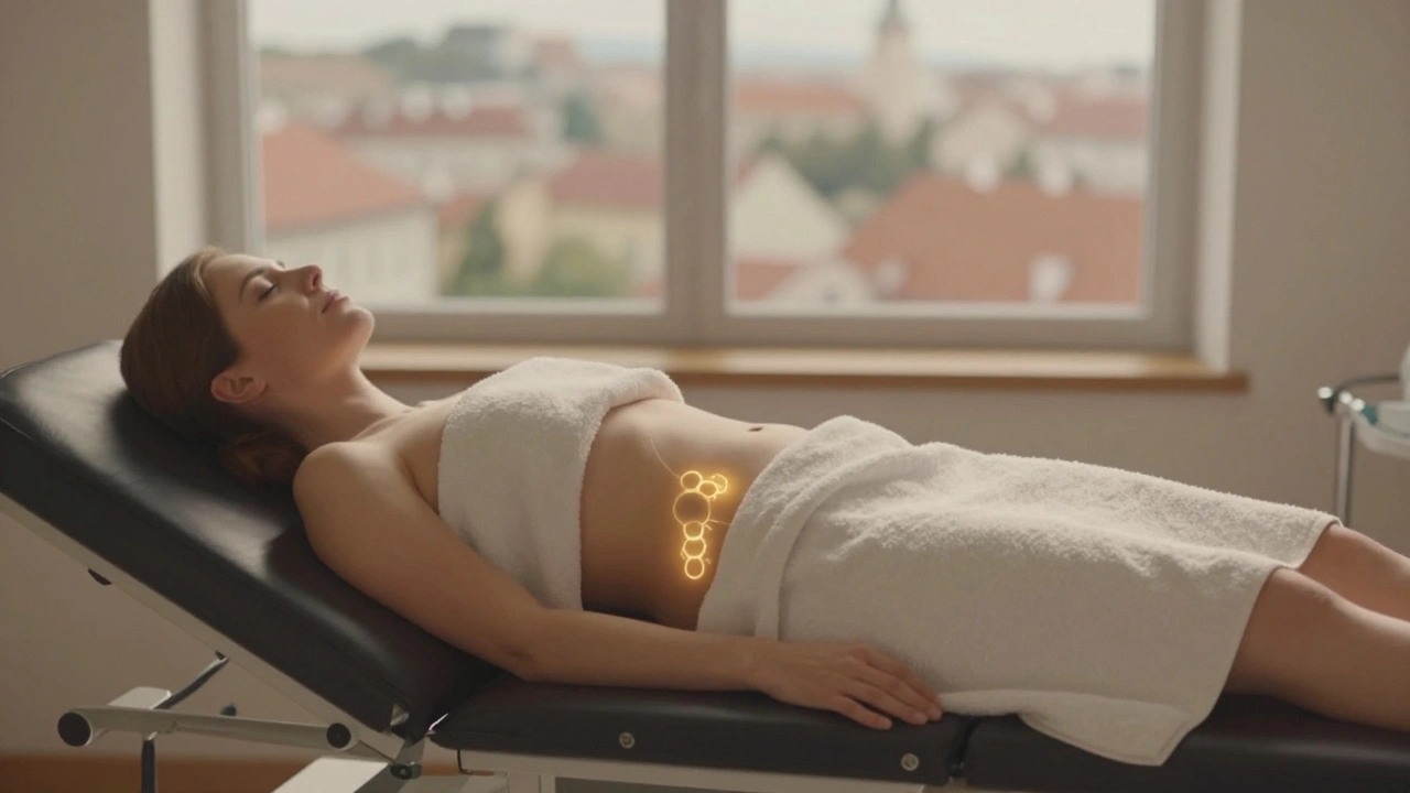 Žena na vyšetřovacím stole s jemným zářivým světlem symbolizujícím přirozenou rovnováhu těla.