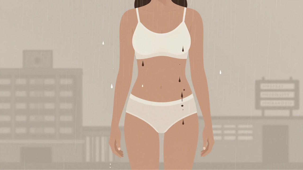 Žena pod deštěm v bavlněném spodním prádle, vlhkost se odrazuje od látky.