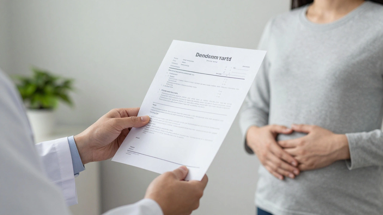 Žena předává lékaři výsledky z minulé prohlídky, ruce v pozadí, symbolická předání péče.