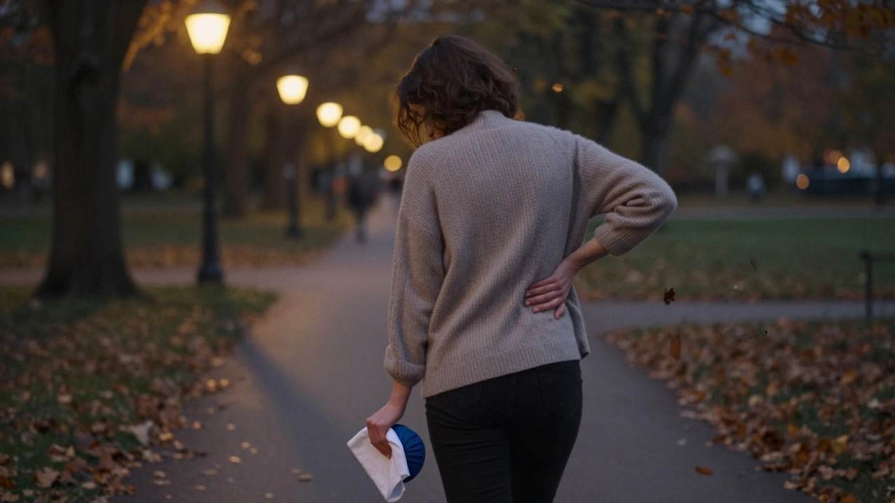 Žena prochází parkem ve večerní tmy, drží teplý obklad a má ruku na zádech.