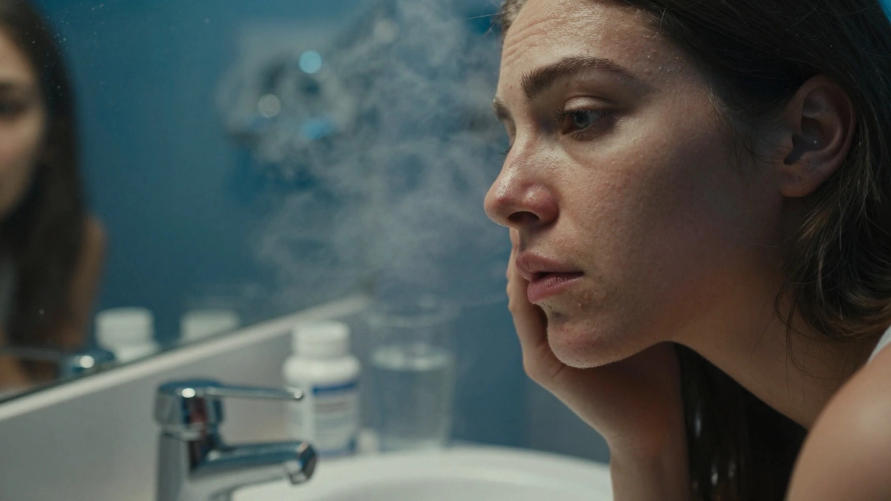 Žena se dívá do zrcadla, na čele a bradě má vyrážky, za ní pára z umyvadla.