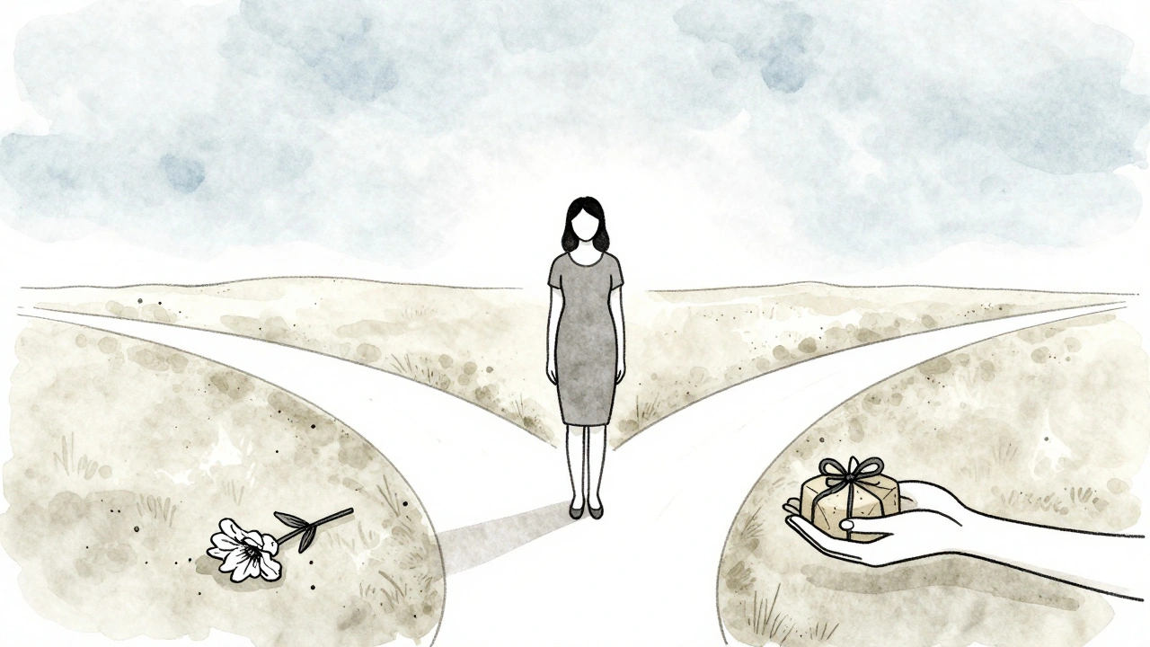 Žena stojí na křižovatce se třemi cestami, symbolizujícími přirozenou ztrátu, adopci a pokračování těhotenství.