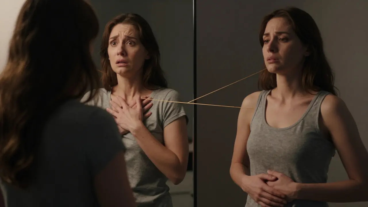 Žena u zrcadla, její odraz ukazuje kontrast mezi panickou atakou a klidným dýcháním.