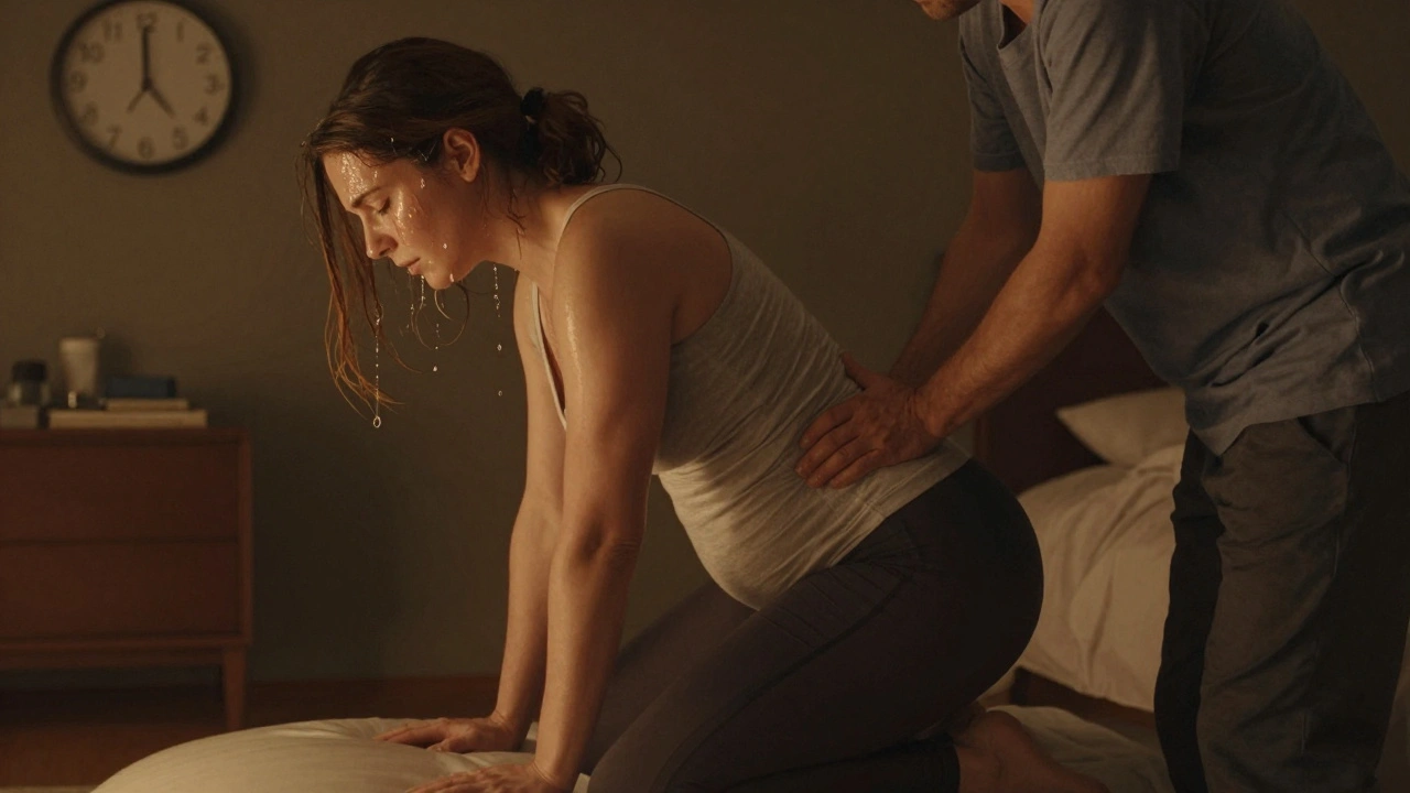 Žena v aktivní fázi porodu na porodní míči, partner jí masíruje záda, teplé osvětlení.