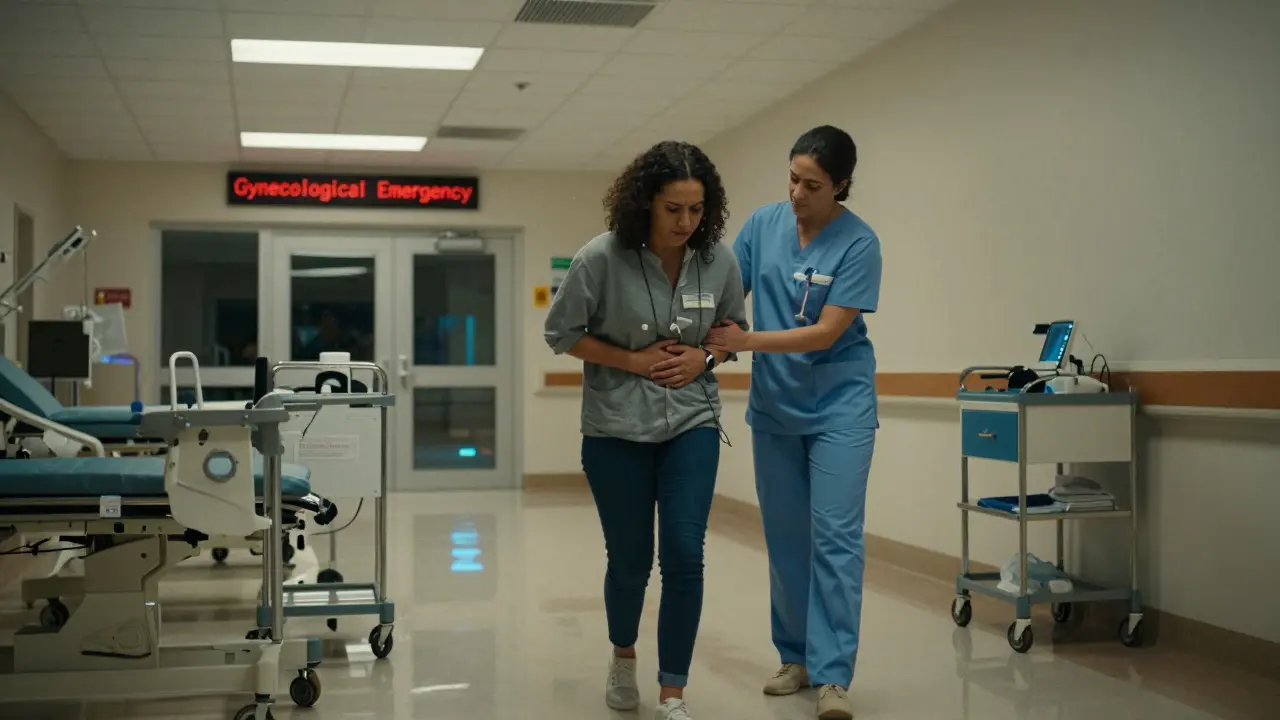 Žena v nouzi vstupuje do záchranného oddělení nemocnice v Praze.